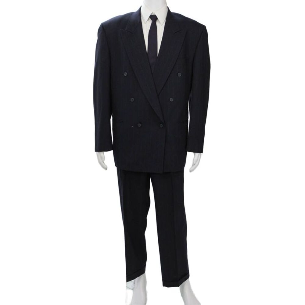 Pierre Balmain Mens 2 Piece Striped Dark Blue Wool Suit Collared Button Size 46